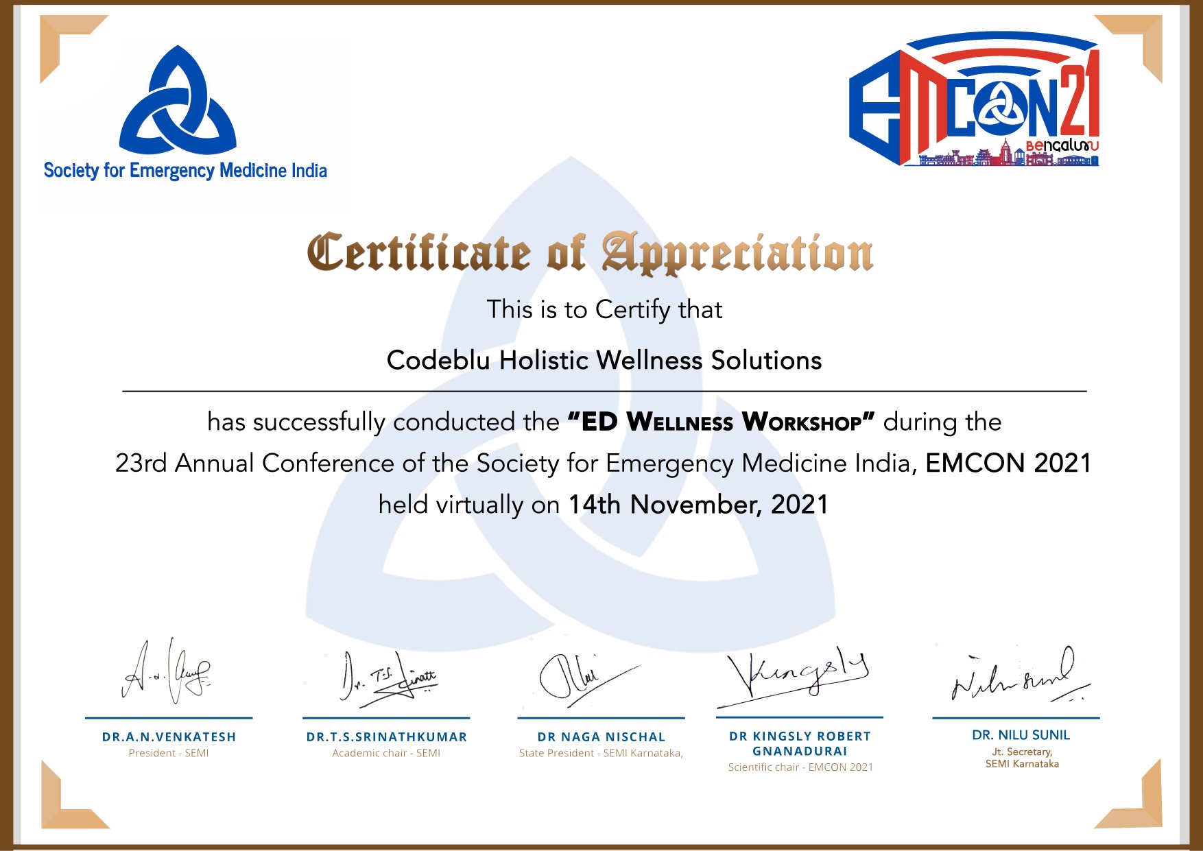 Certificate of Appreciation from Society for Emergency Medicine India